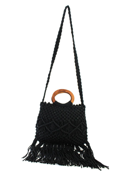 Danielle Nicole Womens Double Wood Handle Crochet Knit Fringe Handbag Black