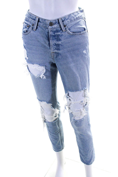 Grlfrnd Womens Distressed High Rise Slim Straight Jeans Pants Light Blue Size 24