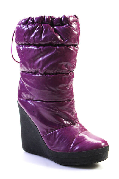 Coach Womens Quilted Puffer Drawstring Wedge Heels Mid-Calf Boots Purple Size 8