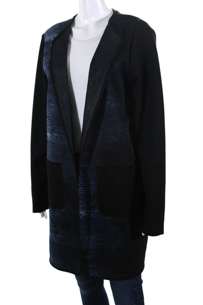 Tahari Womens Abstract Print Round Neck Longline Cardigan Sweater Blue Size L