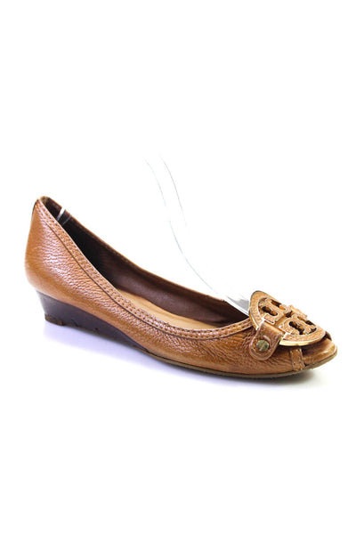 Tory Burch Leather Monogram Buckle Open Toe Heeled Flats Brown Size 8.5M