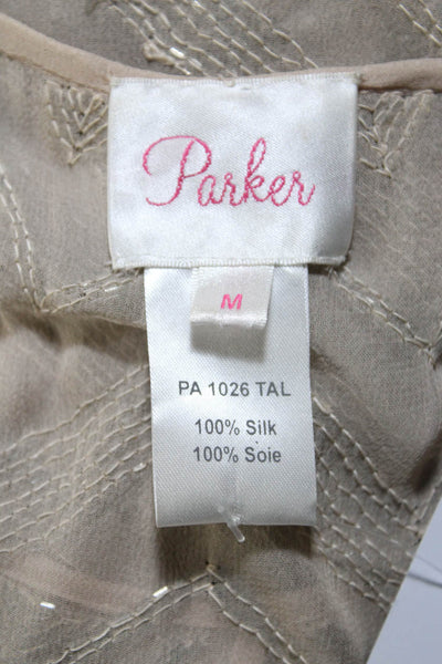 Parker Womens Silk Chiffon Beaded Keyhole Scoop Neck Tank Top Blouse Tan Size M