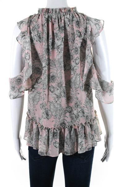 Misa Womens Chiffon Floral Print Ruffled Hem Cap Sleeve V-Neck Top Pink Size M