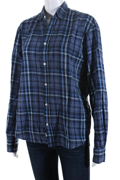 Frank & Eileen Womens Button Front Collared Plaid Shirt Blue Cotton Size Small