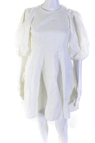 Zimmermann Womens White Linen Crew Neck Puff Sleeves Fit & Flare Dress Size 0