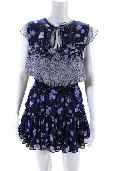 Misa Womens Tie Neck Floral Flutter Sleeve A Line Dress Blue Purple Size XS
