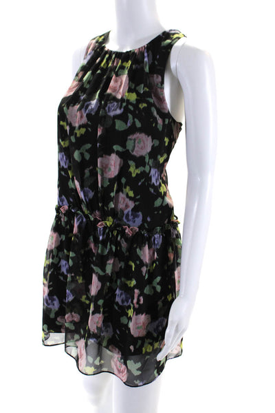 Likely Womens Floral Chiffon Ruffle Hem Mini Dress Black Pink Purple Size 2