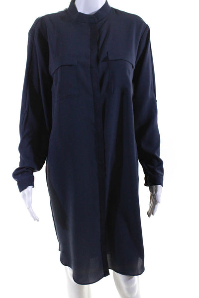 T Tahari Women's Long Sleeves Button Down Midi Shirt Dress Navy Blue Size M