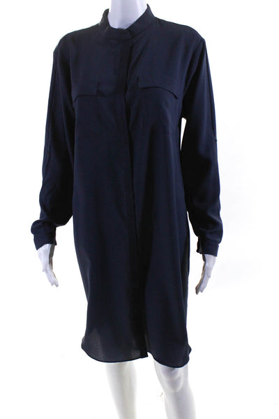 T Tahari Women's Long Sleeves Button Down Midi Shirt Dress Navy Blue Size M