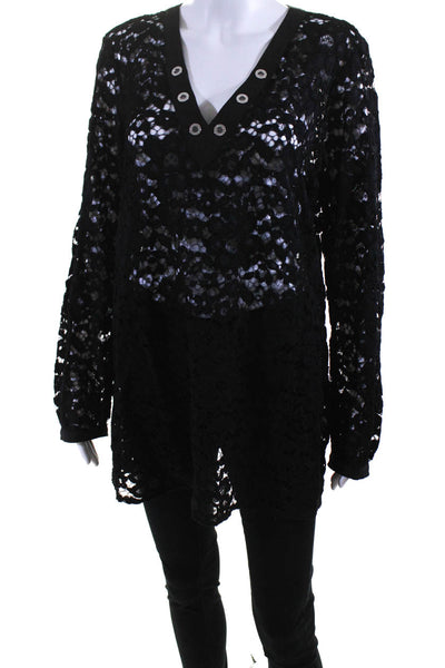 Calvin Klein Womens Black Floral Lace Grommet V-Neck Long Sleeve Tunic Top SizeM