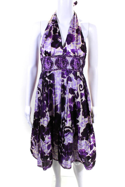 Adrianna Papell Womens Satin Floral Tie Back Halter A-Line Dress Purple Size 8