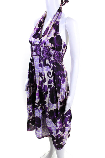 Adrianna Papell Womens Satin Floral Tie Back Halter A-Line Dress Purple Size 8