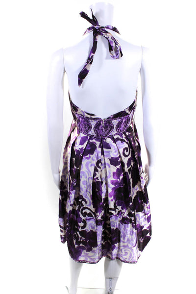 Adrianna Papell Womens Satin Floral Tie Back Halter A-Line Dress Purple Size 8