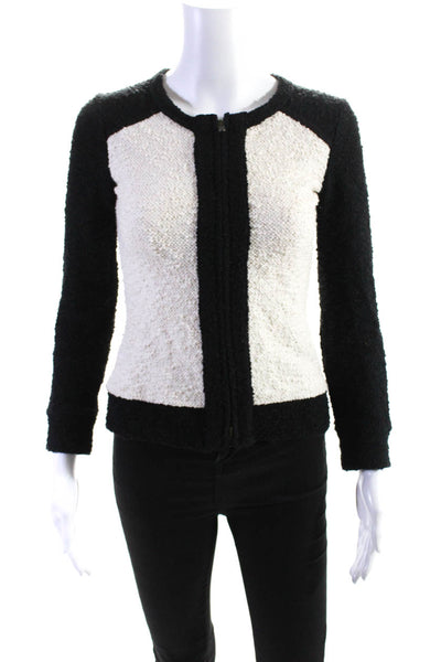 J Crew Womens Wool Tweed Colorblock Print Full Zip Jacket Ivory Black Size 2XS