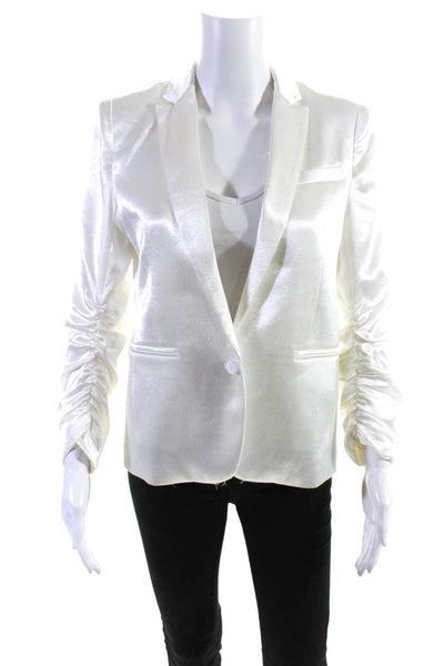 Generation Love Womens Ruched Sleeve Peak Lapel Satin Blazer Jacket White XS