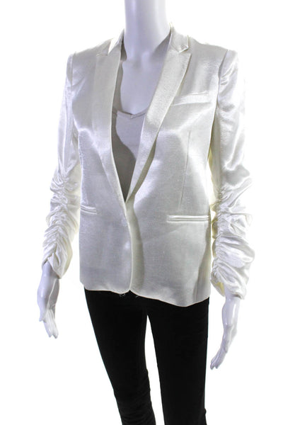 Generation Love Womens Ruched Sleeve Peak Lapel Satin Blazer Jacket White XS