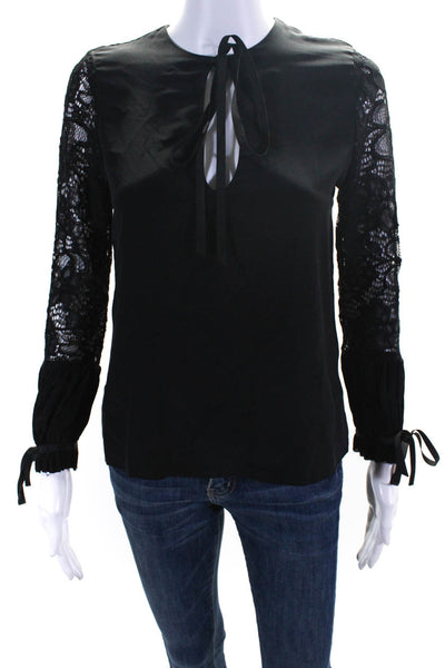 Alexis Womens Silk Lace V-Neck Long Sleeve Pullover Blouse Top Black Size XS