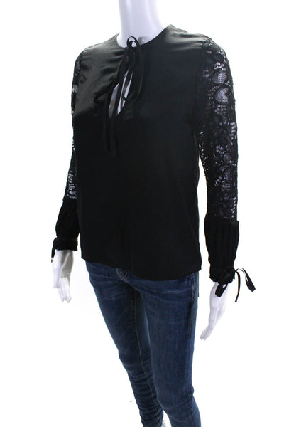 Alexis Womens Silk Lace V-Neck Long Sleeve Pullover Blouse Top Black Size XS