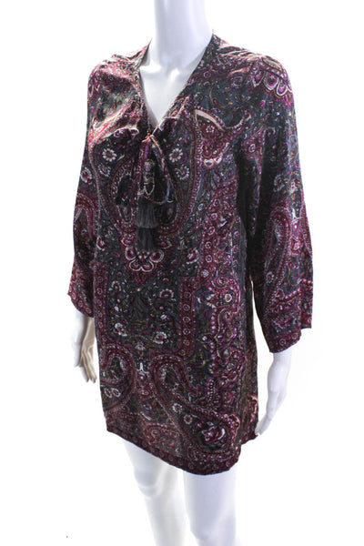 Calypso Saint Barth Womens Silk Paisley Print Long Sleeve Dress Burgundy Size S