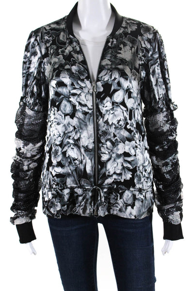 Chelsea And Walker Womens Front Zip Ruffled Floral Sheer Jacket Black Gray 4
