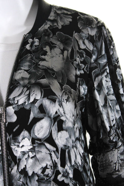Chelsea And Walker Womens Front Zip Ruffled Floral Sheer Jacket Black Gray 4