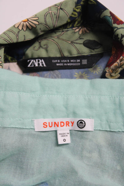 Sundry Zara Womens Button Front Collared Shirts Green Blue Size 0 Small Lot 2