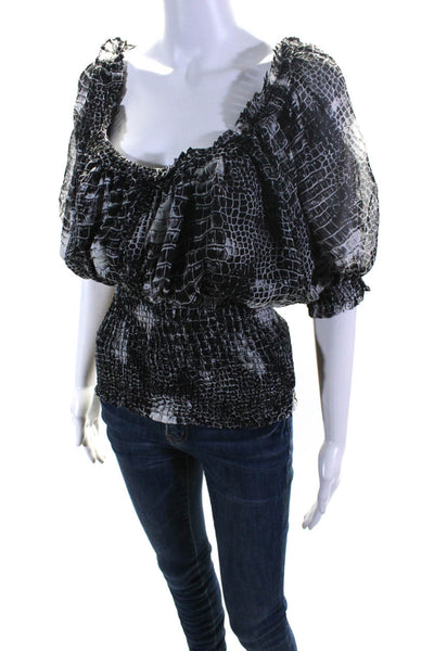 Catherine Malandrino Womens Black Silk Reptile Print Smocked Blouse Top Size 4