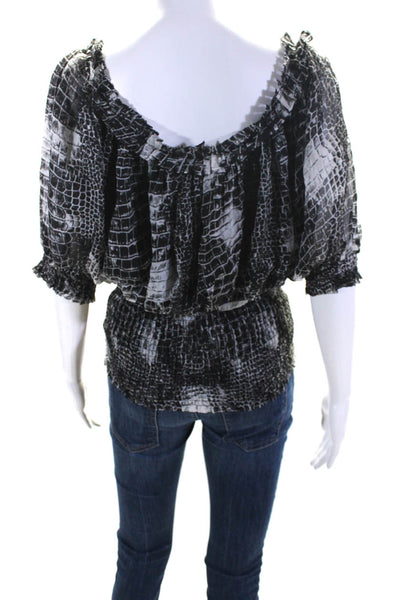 Catherine Malandrino Womens Black Silk Reptile Print Smocked Blouse Top Size 4