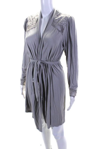 Eberjey Womens Gray Lace Trim Long Sleeve Belted Sleepwear Robe Size S