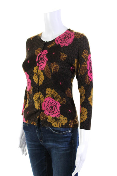 Garnet Hill Womens Merino Wool Floral Print Sweater Cardigan Multicolor Size XS