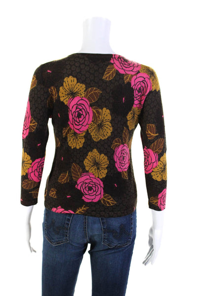 Garnet Hill Womens Merino Wool Floral Print Sweater Cardigan Multicolor Size XS