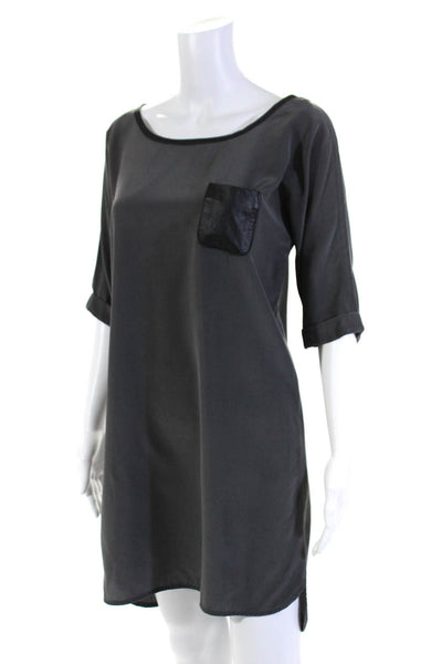 Club Monaco Womens Silk Georgette Leather Trim Mini Shift Dress Gray Size 0