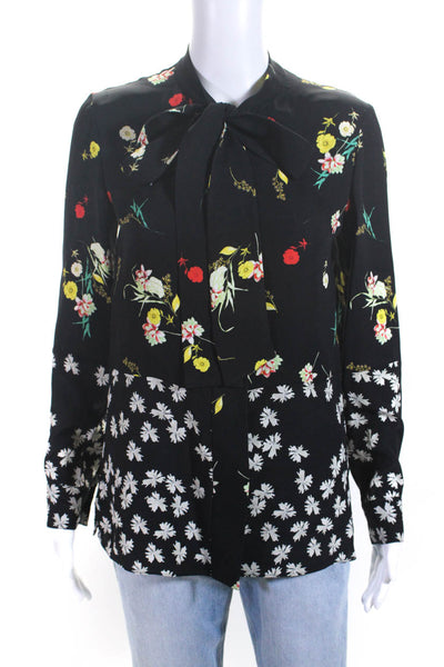 Derek Lam Womens Silk Floral Print Long Sleeves Tie Neck Blouse Black Size 0