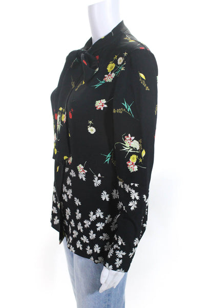 Derek Lam Womens Silk Floral Print Long Sleeves Tie Neck Blouse Black Size 0