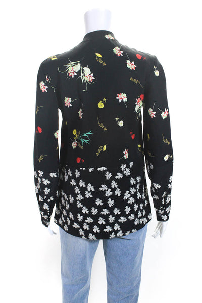 Derek Lam Womens Silk Floral Print Long Sleeves Tie Neck Blouse Black Size 0