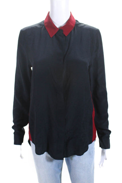 Sea New York Womens Silk Button Down Long Sleeves Blouse Navy Blue Red Size 0