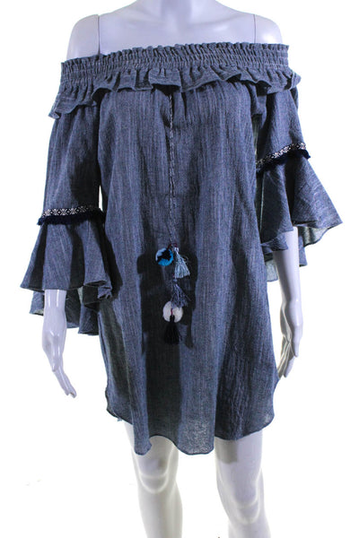 Misa Womens Ruffled Long Sleeves Knee Length Dress Blue Cotton Size Small