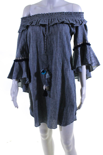 Misa Womens Ruffled Long Sleeves Knee Length Dress Blue Cotton Size Small