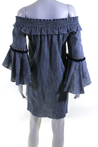 Misa Womens Ruffled Long Sleeves Knee Length Dress Blue Cotton Size Small