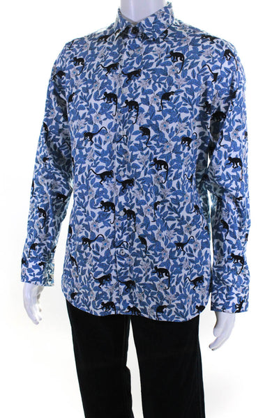 Ted Baker Mens Floral Print Button Down Shirt Blue White Cotton Size 5