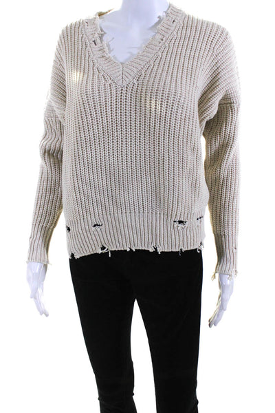 Olivaceous Womens V Neck Long Sleeves Sweater Off White Cotton Size Small
