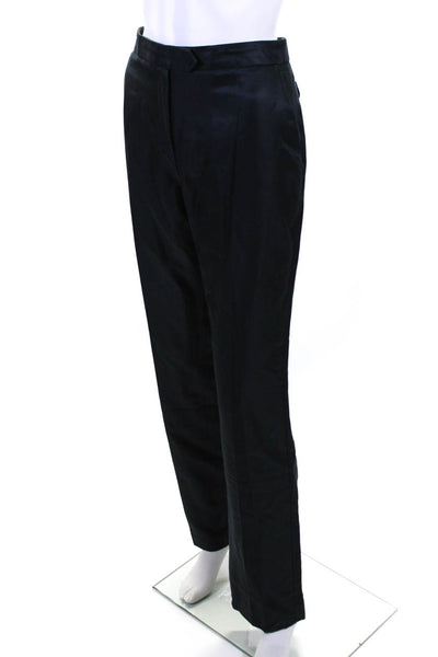 Oscar de la Renta Womens Silk Pleated Front Straight Leg Trousers Navy Size 10