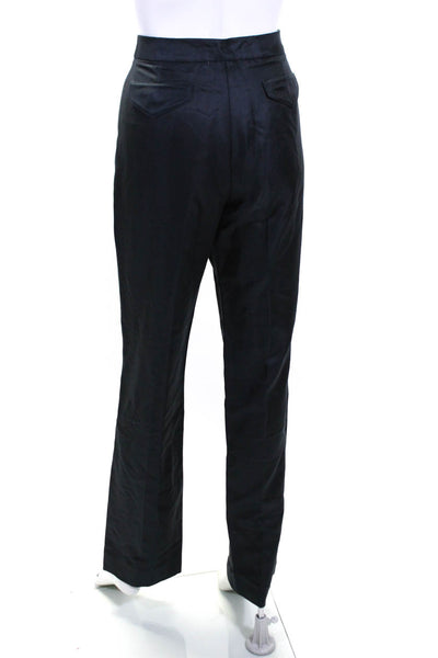 Oscar de la Renta Womens Silk Pleated Front Straight Leg Trousers Navy Size 10