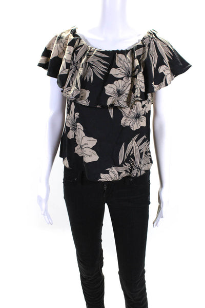 Polo Ralph Lauren Womens Floral Print Ruffled Off The Shoulder Top Black Size S