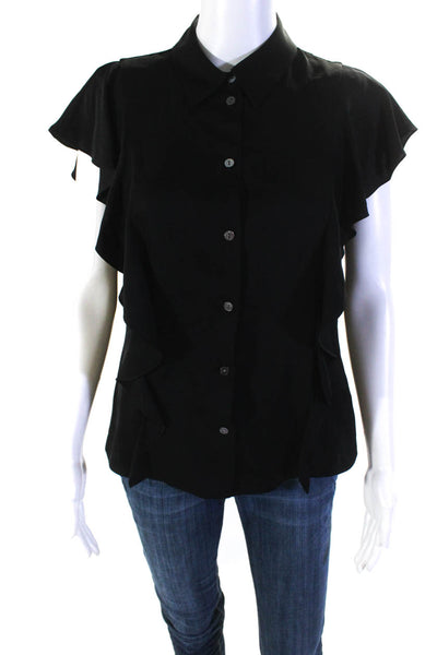Theory Womens Button Front Collared Silk Ruffled Top Black Size Medium