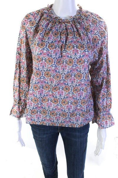 J Crew Womens Pink Cotton Floral Ruffle Crew Neck Long Sleeve Blouse Top Size XS
