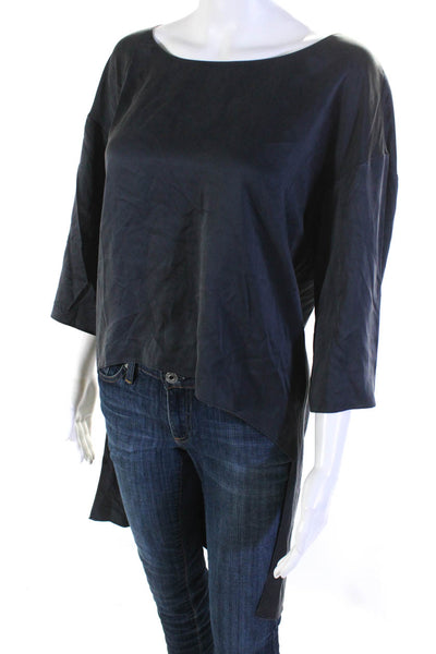 Go Silk Womens Gray Silk Scoop Neck 3/4 Sleeve Asymmetric Blouse Top Size S
