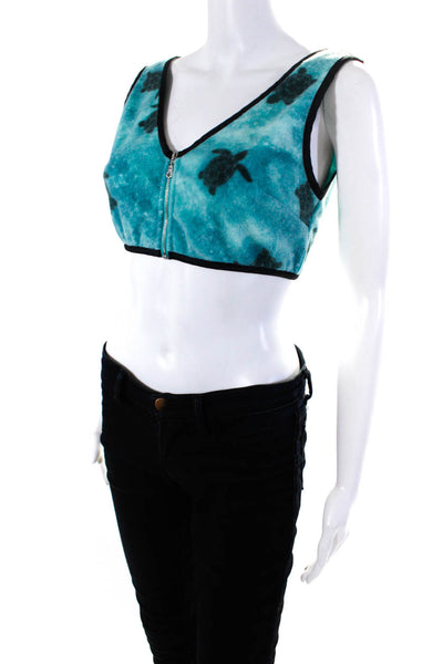 Staud Womens Turtle Print Sleeveless V-Neck Zip Up Bralette Top Blue Size 4