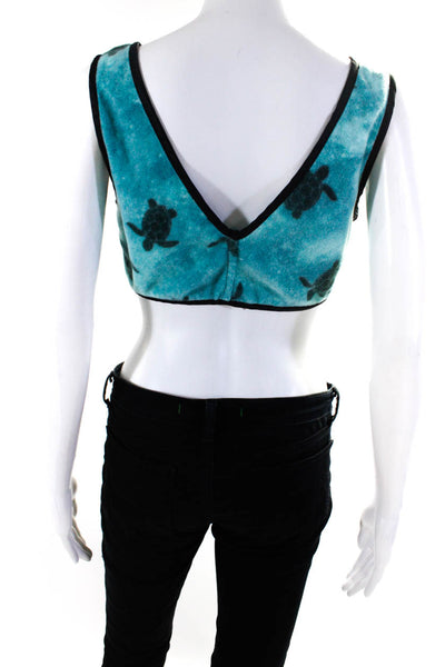 Staud Womens Turtle Print Sleeveless V-Neck Zip Up Bralette Top Blue Size 4