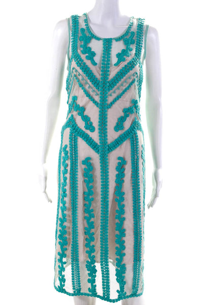 Nanette Lepore Womens Sheer Embroidered Sleeveless Midi Dress Blue Size 6